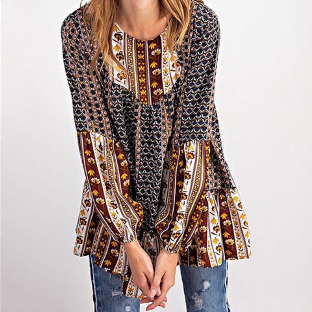 Easel Brown&Orange Floral Patchwork Tunic …